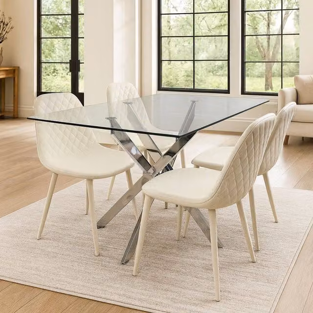 Kosy Koala Modern Rectangular Glass Dining Table Set with 4 Beige Gem Pattern Chairs – 1