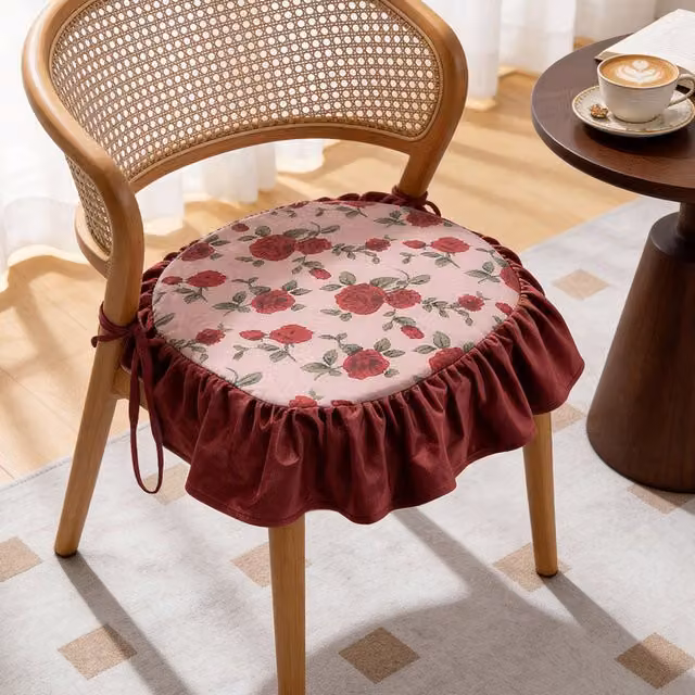 Livingandhome Round Shabby Chic Floral Chair Cushion in Multicolour Red Polyester