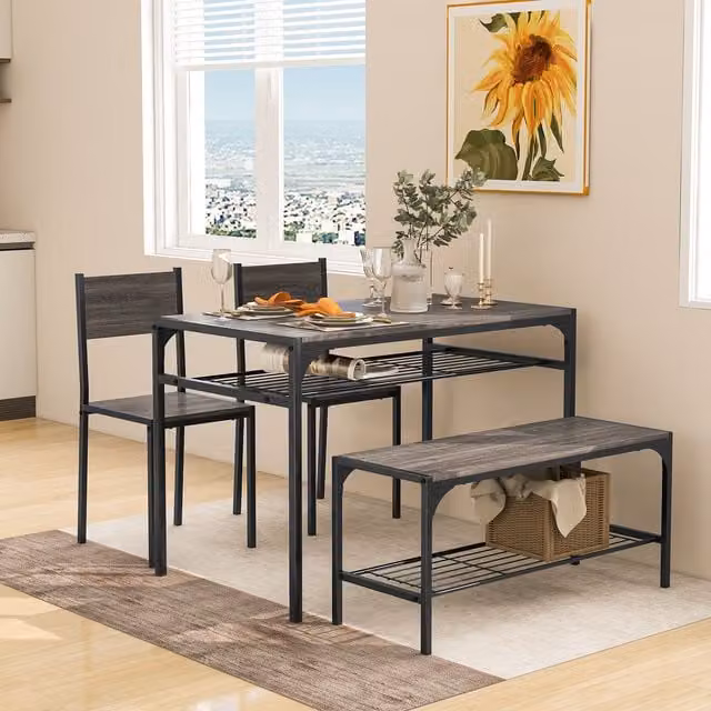Costway 4-Piece Industrial Dining Set with Rectangular Glass Table, Chairs and Bench in Grey