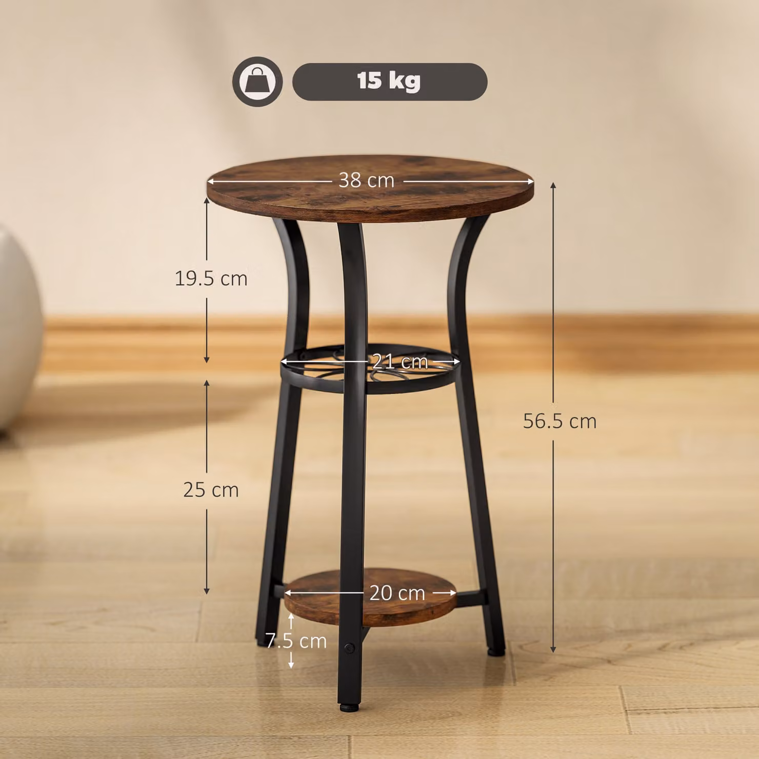 HOMCOM Small Round Side Table with 3 Storage Shelves in Rustic Brown and Black – 3