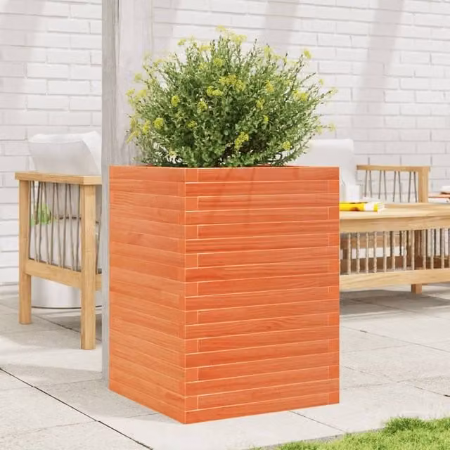 Berkfield Home Garden Wax Brown Solid Wood Pine Planter Tub, W/D/H: 50 x 50 x 68.5 cm