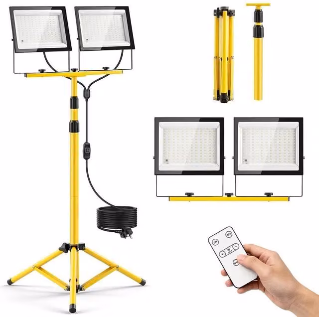 KORVIXA 230V Twin Head LED Tripod Site Floodlight with Remote Control, 15000 Lumens, Yellow – 1