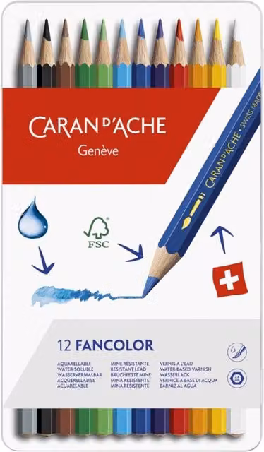 Fancolor Aquarelle 12 Water-Resistant Colour Pencils in a Metal Tin, Assorted Colours