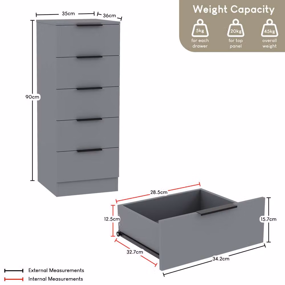 HD Designs Trega 5 Drawer Narrow Chest of Drawers in Grey – 2