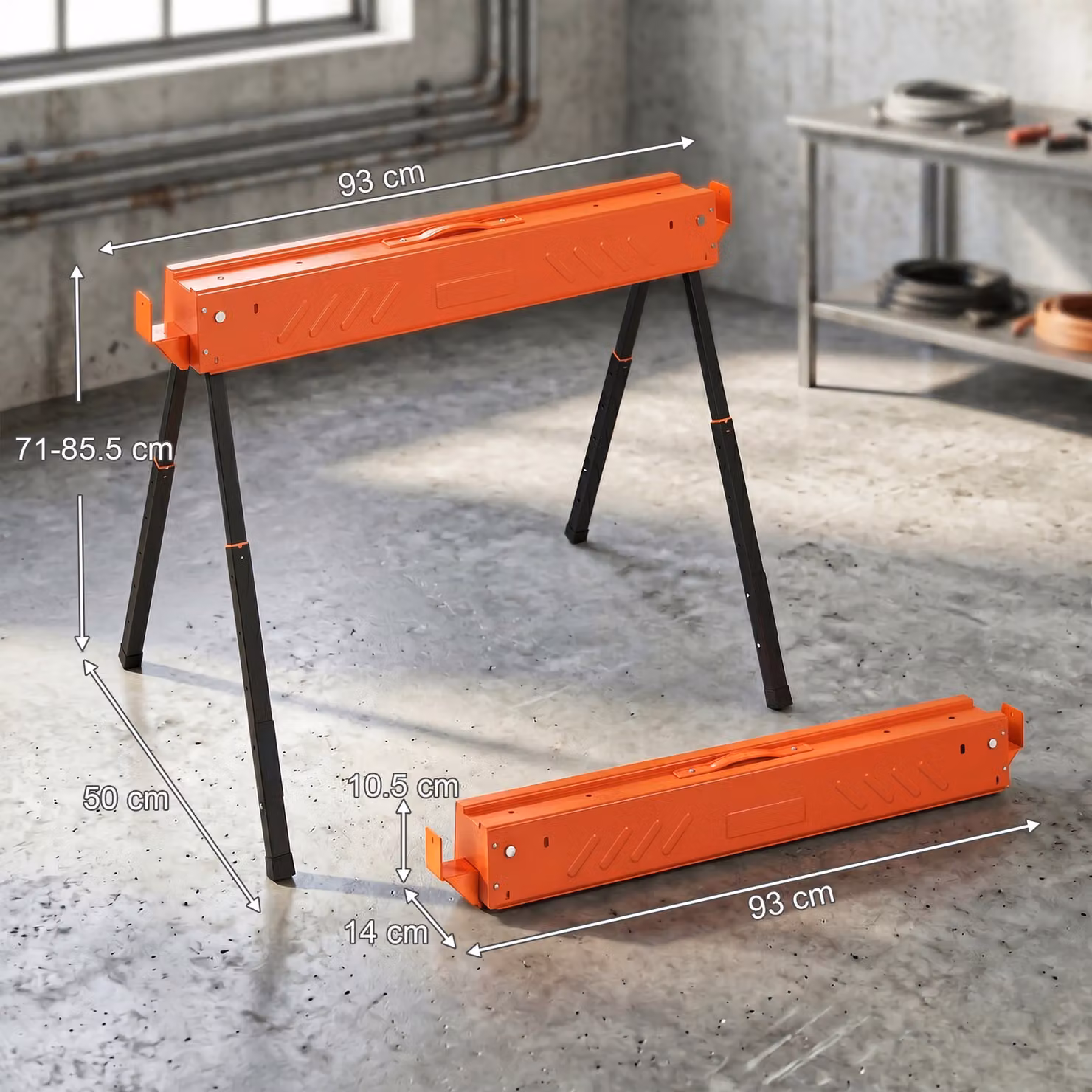 HOMCOM Twin Pack of Folding Orange Saw Horses with Height Adjustable Legs and 2x4 Bracket – 3