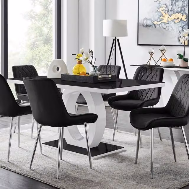 FurnitureboxUK Giovani 6 Seat Dining Set with Black Glass Top Rectangular White High Gloss Table and 6 Silver Pesaro Soft Velvet Chairs – 1