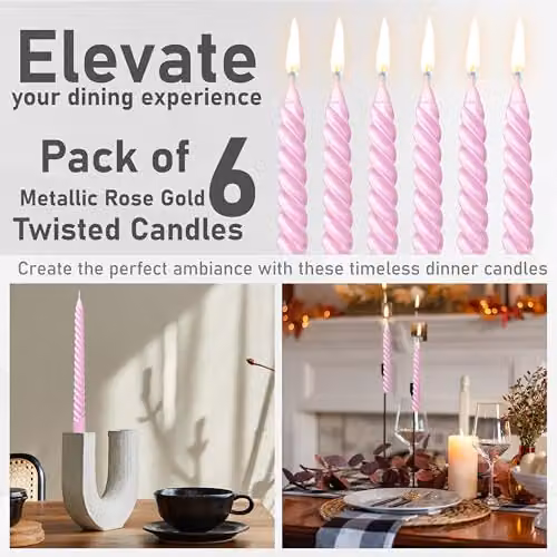 Deco Express Non-Drip Twisted Unscented Dinner Candles, Pack of 6, Rose Gold – 7
