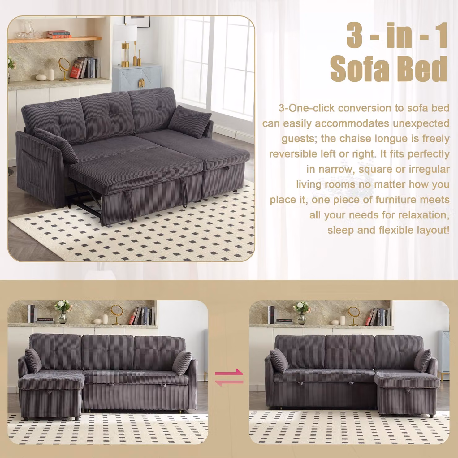 GOMYWAY L-Shaped Sectional Sleeper Sofa with Storage Chaise and Corduroy Upholstery, Charcoal Grey, W: 206 cm, D: 130 cm, H: 88 cm – 3