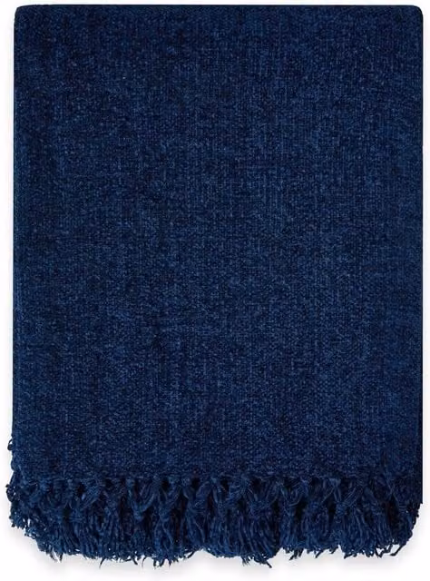Emma Barclay Darcy Tassel Woven Throw Blanket in Blue, W: 150 cm, L: 200 cm