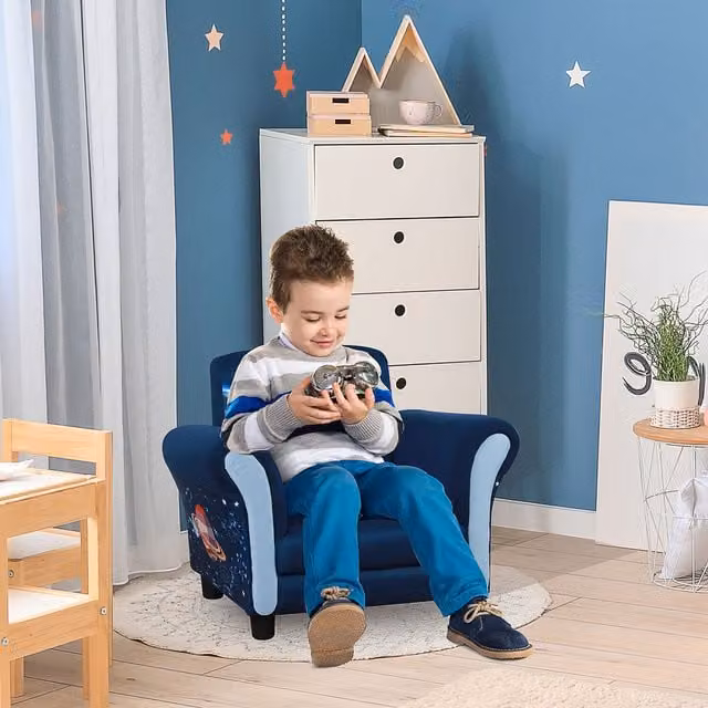 HOMCOM Blue Fabric Child Armchair with Armrests and Solid Wood Frame