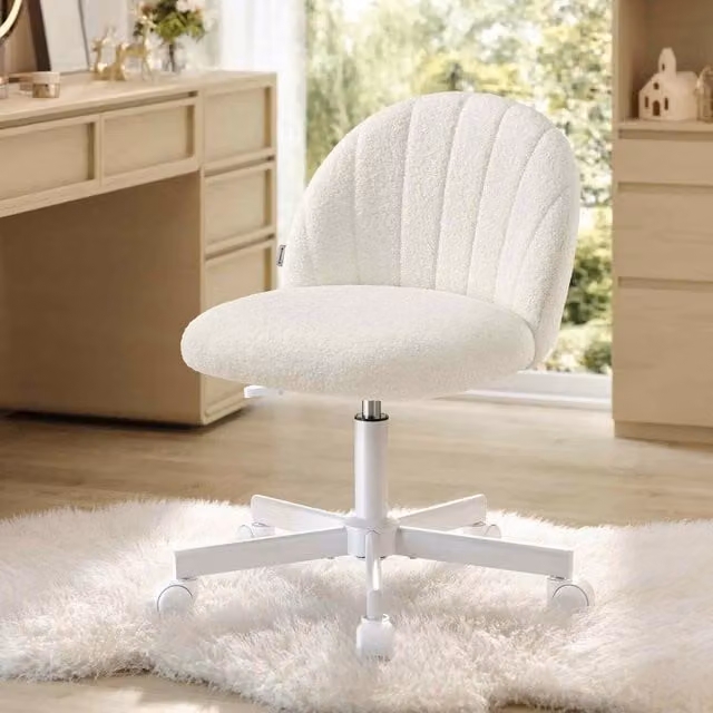 The Bazaarist Swivel Teddy Fleece Office Chair in Cream White with Adjustable Height and Castors