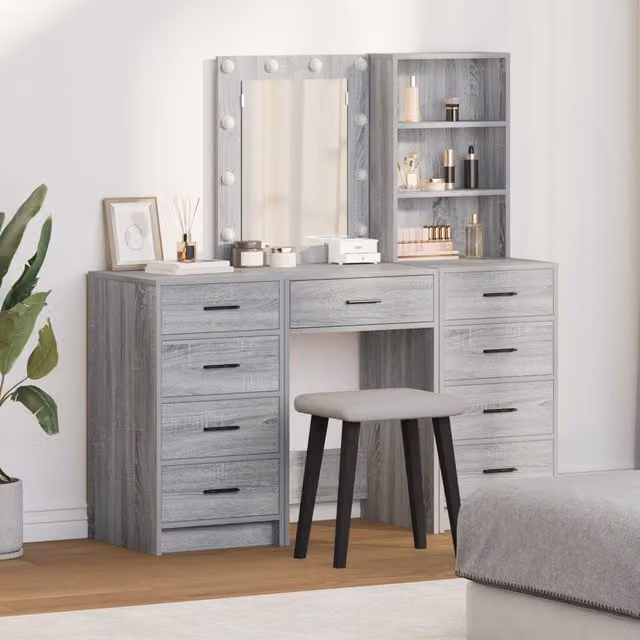 Berkfield Home 3 Piece Modern LED Dressing Table Set in Grey Sonoma Engineered Wood, W/D/H: 135 x 40.7 x 40.7 cm