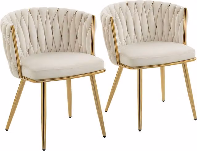 HOMCOM Set of 2 Modern Upholstered Velvet Dining Chairs with Armrests and Metal Legs in Beige