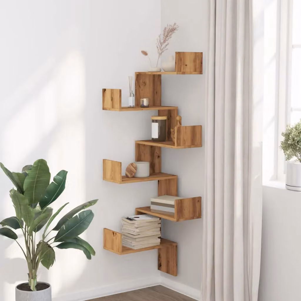 Berkfield Home Artisan Oak Wall Corner Shelf in Brown, W/D/H: 45 x 45 x 147 cm – 2