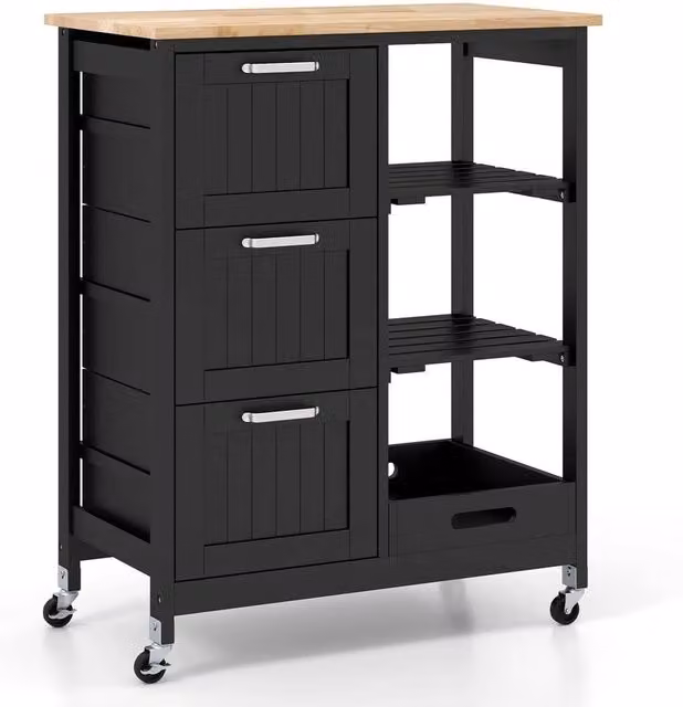 VOGREX Black Rolling Utility Kitchen Storage Trolley with Lockable Wheels and Wood Shelving