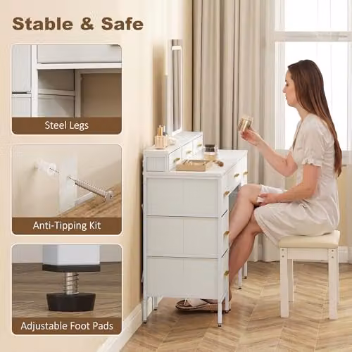 HOMCOM Hollywood LED Dressing Table in White and Gold, W: 140 cm, D: 39.5 cm, H: 118.5 cm – 3