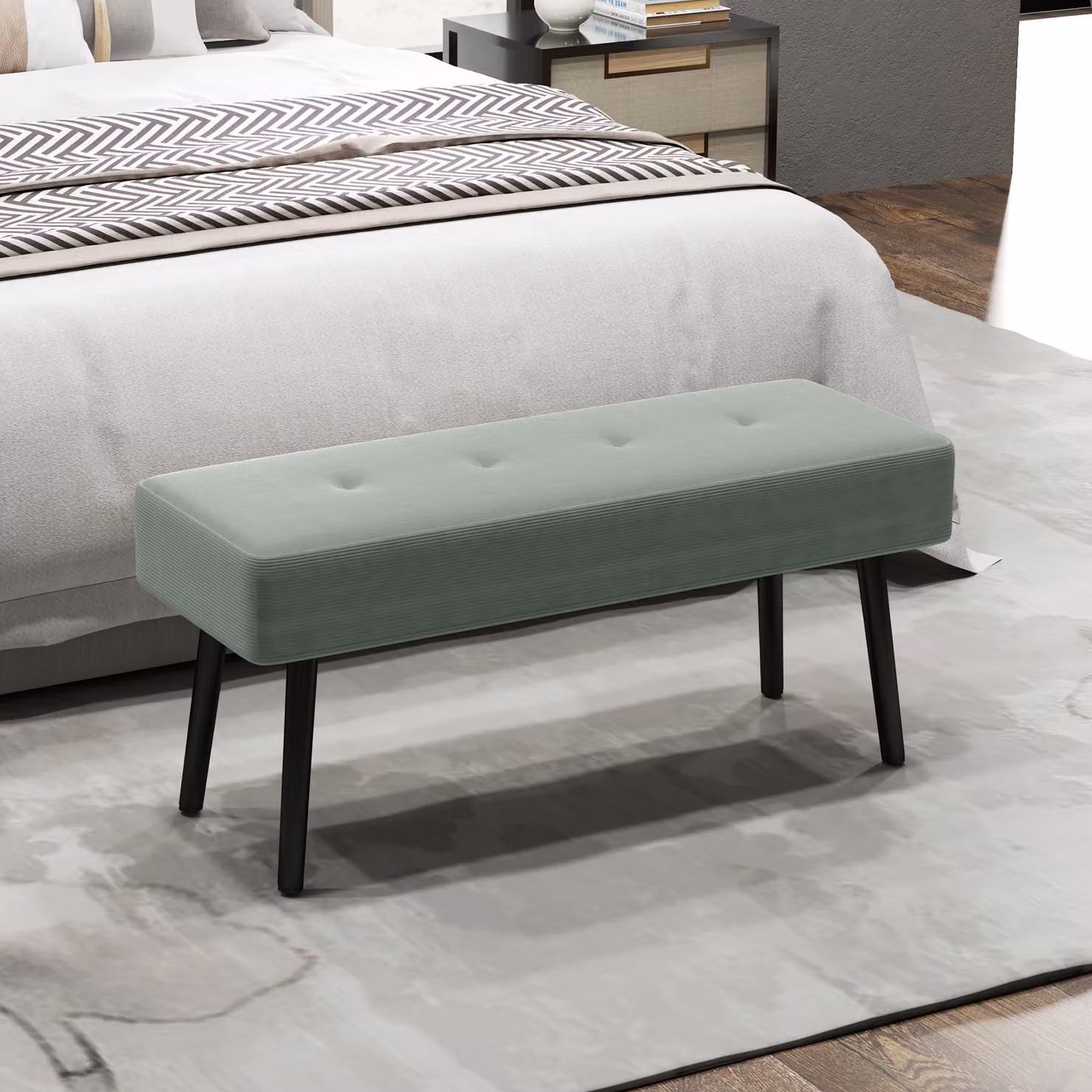 HOMCOM Corduroy End of Bed Bench with Thick Padding and Metal Legs in Green – 2