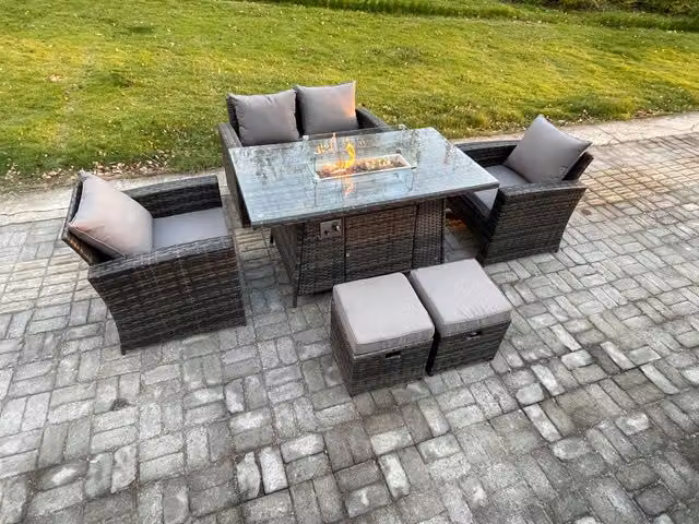 Fimous 6 Seater Outdoor Rattan Garden Furniture Set with Gas Firepit Dining Table and 2 Footstools in Dark Grey