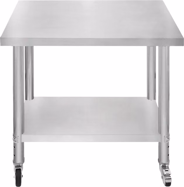 KuKoo Catering Silver Metal Rectangular Work Table with Castors and Height Adjustment, W/D/H: 90 x 80 x 90 cm