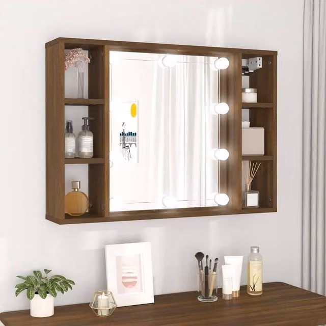 Berkfield Home LED Mirror Cabinet in Brown Oak, W/D/H: 76 x 15 x 55 cm
