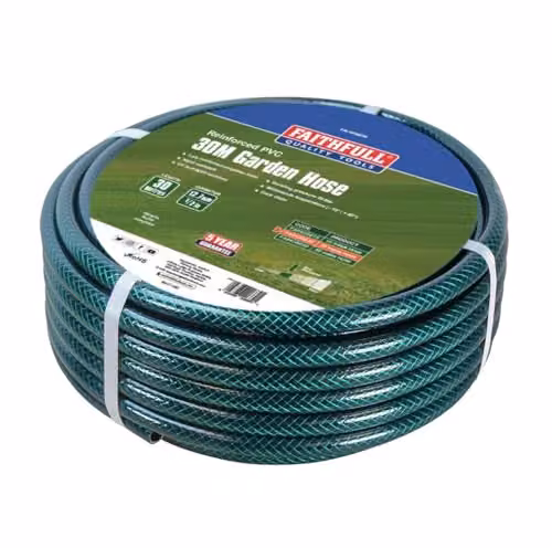 Faithfull Green Reinforced PVC and Polyester Garden Hose Pipe, 30 m, 1/2 Inch Diameter
