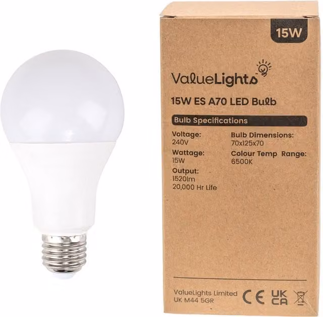 ValueLights 8 Pack E27 White Thermal Plastic GLS LED Light Bulbs, 15W, 6500K Cool White, 1520lm