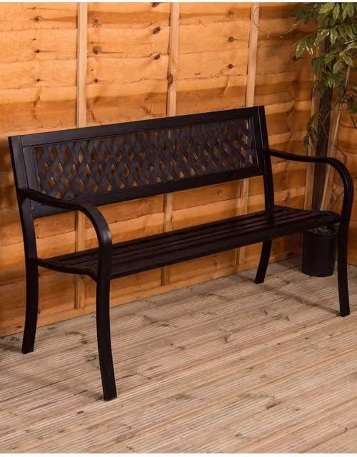 Home Discount Vida 3 Seater Steel Garden Bench with Lattice Design in Black – 1