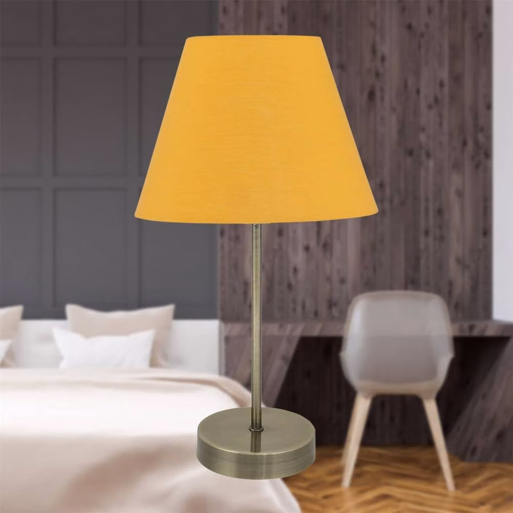 First Choice Lighting Set of 2 Brass Stick Table Lamps with Yellow Fabric Shades – 2
