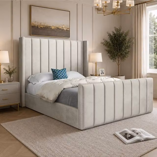 Casani Sherburn King Size Upholstered Velvet Designer Bed Frame in Beige, W/D/H: 180 x 159 x 137 cm