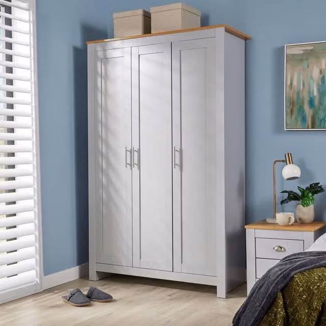 Home Source Camden 3 Door Wardrobe Bedroom Storage Unit in Grey and Oak with Internal Shelves and Hanging Rod