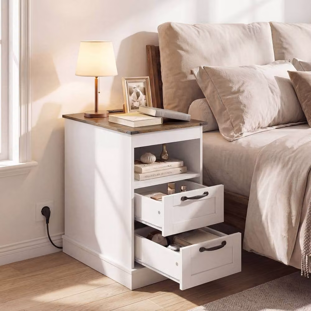 Costway Farmhouse Nightstand with Station Bedside End Table in White – 3