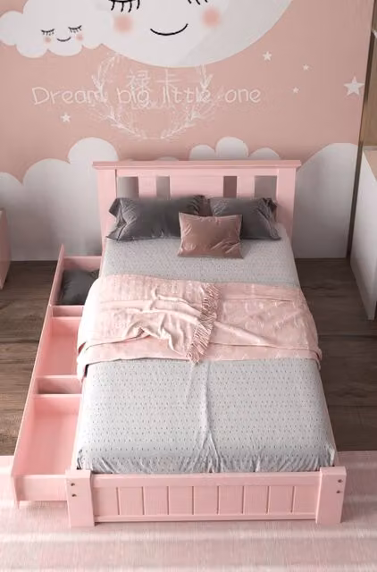 Somnior Elwood Solid Wood Bed Frame with 3 Drawers and Hybrid Memory Foam Mattress in Pink, Size: 90 x 200 cm