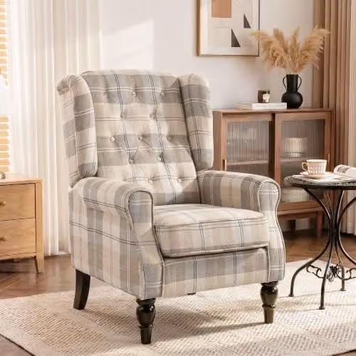HOMCOM Retro Wingback Accent Chair in Beige Checked Fabric with Solid Wood Frame, W/D/H: 74.0 x 102.0 x 86.0 cm