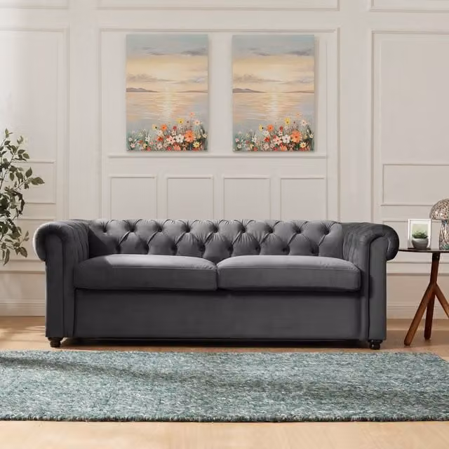 Jackton 2 Seater Grey Velvet Chesterfield Pull Out Sofa Bed with Mattress