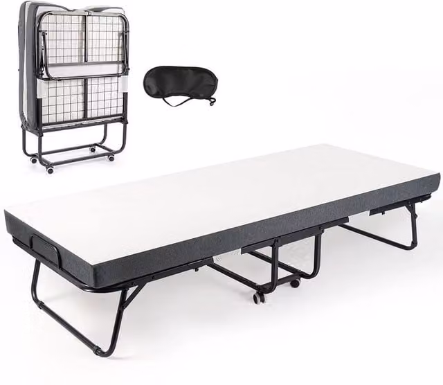 Ventryn Portable Fold Up Rollaway Guest Bed with 10cm Memory Foam in White, W/D/H: 80 x 190 cm