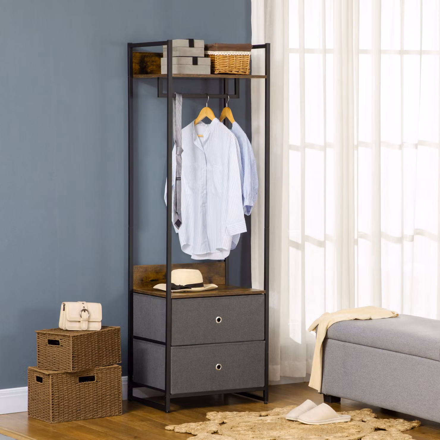 HOMCOM Metal Clothes Rail and Coat Stand with 2 Fabric Drawers in Rustic Brown and Grey – 2
