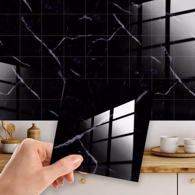 PAWNORA Coal Black Marble Look Glossy Wall Tile Stickers