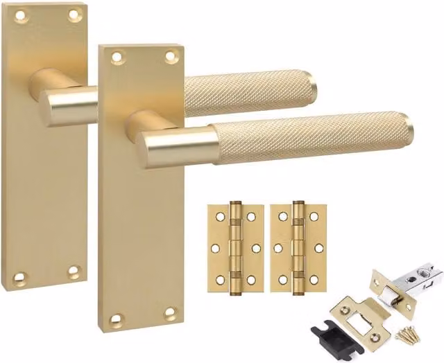Golden Grace Brushed Brass and Black Victorian T-Bar Knurled Door Handle Set with Latches and Ball Bearing Hinges