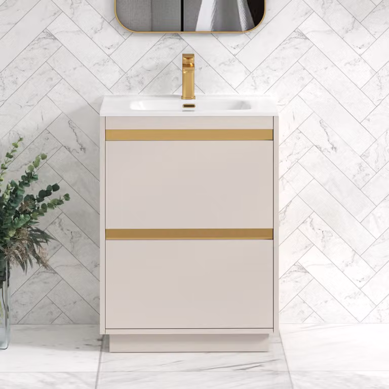 Royal Bathrooms Orion 600mm Warm Taupe 2 Drawer Floor Standing Vanity Unit with Ceramic Basin and Brushed Brass Accent Trim