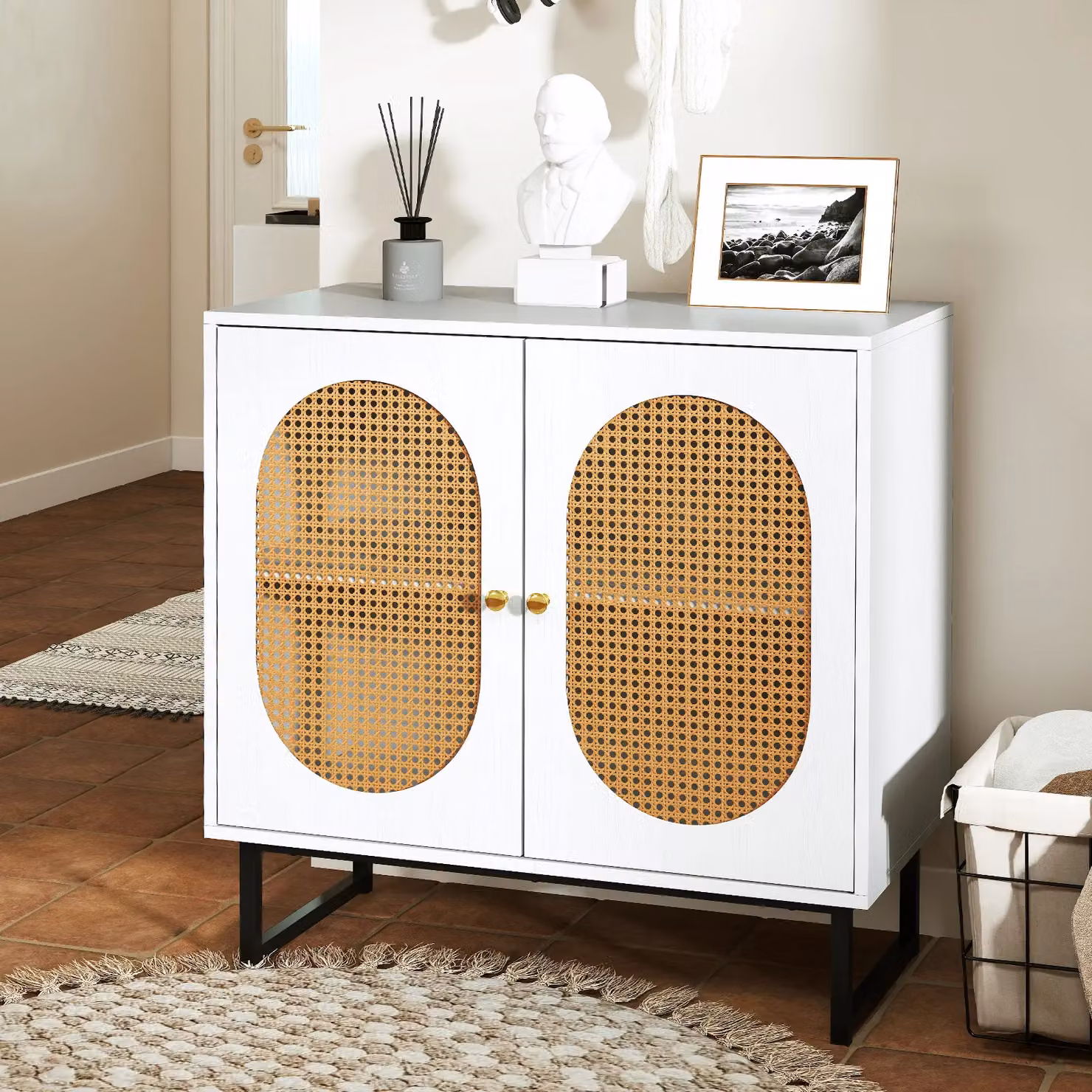 Costway Rattan 2 Door Buffet Sideboard Storage Cabinet with Adjustable Shelf in White – 2