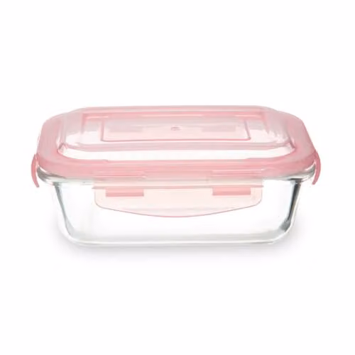 Premier Housewares Rectangular Glass Baby Food Storage Container with Pink BPA-Free Leakproof Lid, 640ml, W: 13 cm, D: 7 cm, H: 18 cm