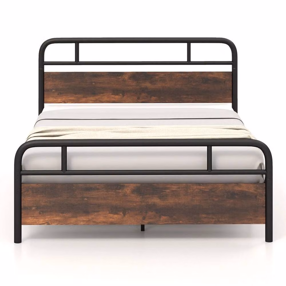 NESTLUNE Heavy Duty Industrial Metal Platform Bed Frame with Headboard in Black, Cot Size – 5