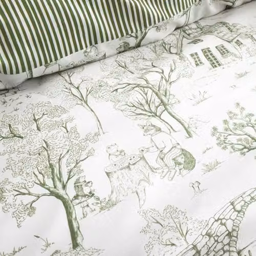 Fusion Woodland Toile Reversible Polycotton Duvet Cover and Pillowcase Set in Green, W/D/H: 140 x 200 cm – 2
