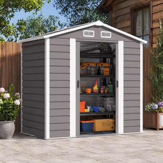 STILVORA Grey Metal Garden Storage Shed with Double Sliding Doors, H 194 x W 213 x D 122 cm