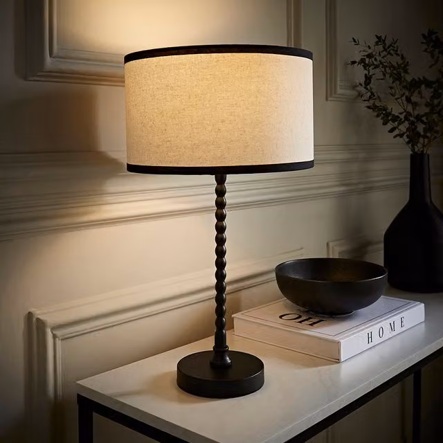 Maeve Bobble Table Lamp with Black Metal Base and Beige Fabric Cylinder Shade