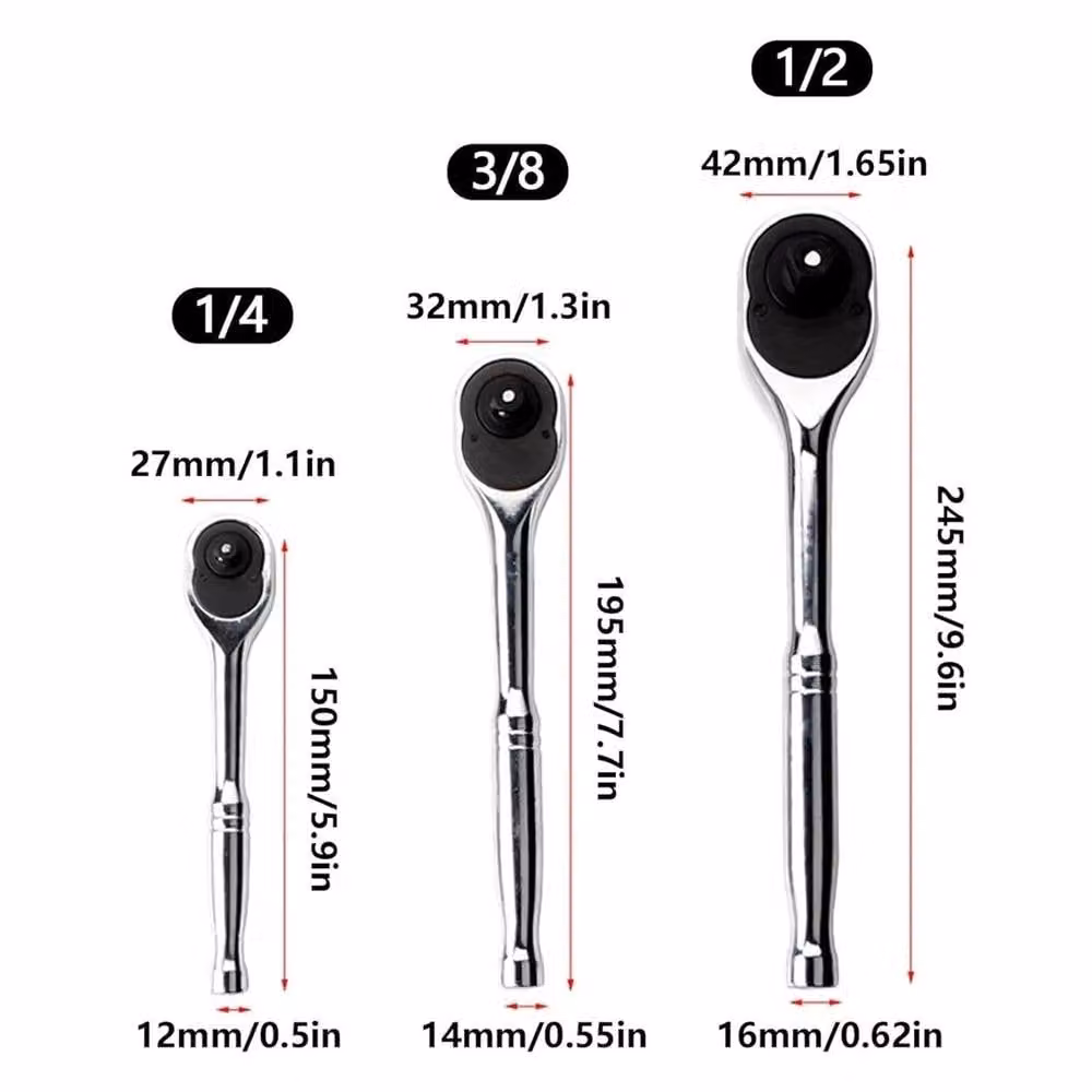 Nordara 3-Piece Chrome Vanadium Steel Ratchet Set with 1/4", 3/8" and 1/2" Inch Drive Wrench Handles and Sockets in Silver – 1