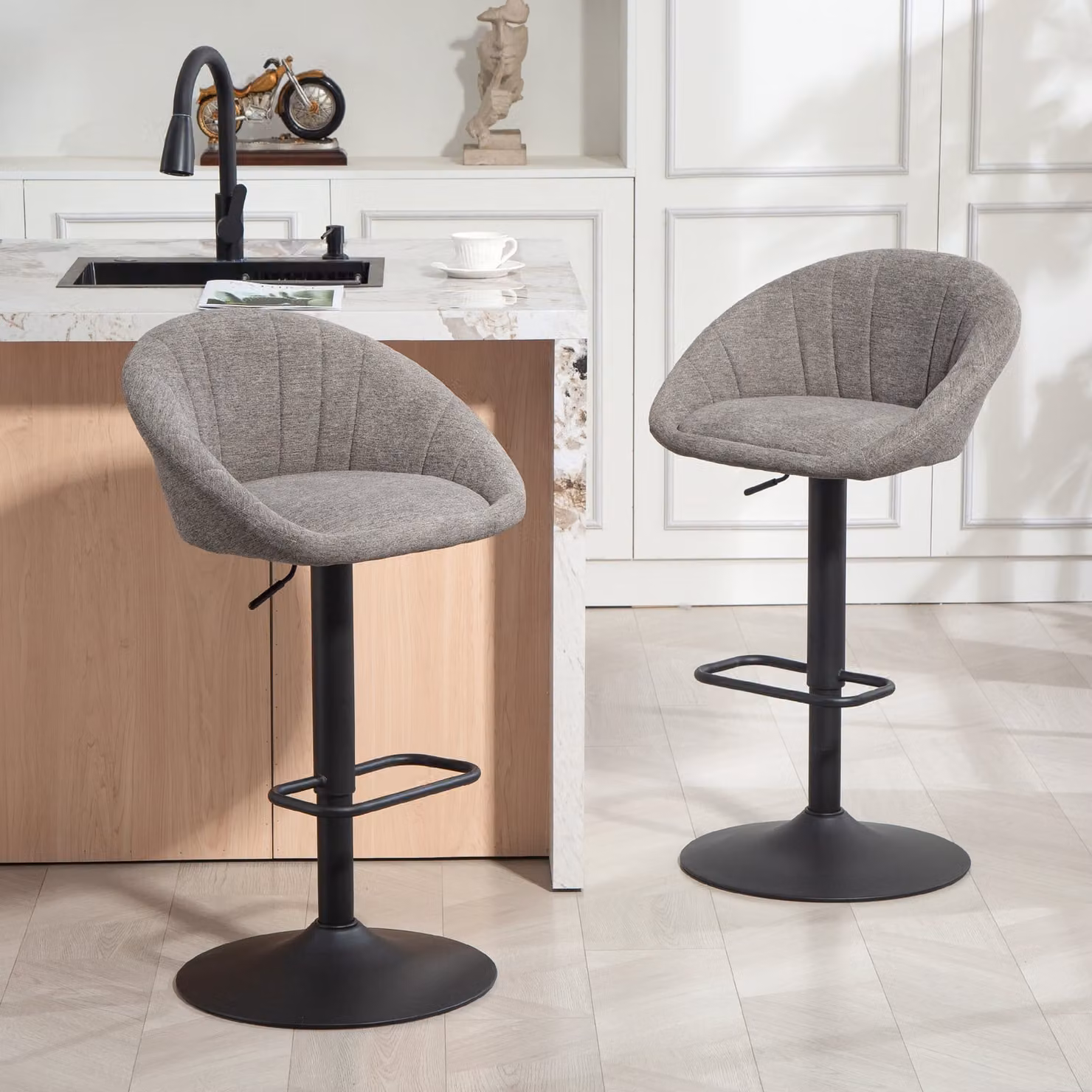 HOMCOM Set of Two Grey Fabric Relaxed Tub Bar Stools with 360 Degree Swivel and Metal Legs – 2