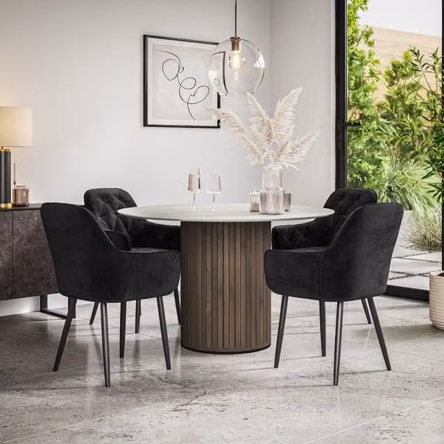 Arlo Modern Round Dining Table Set with 4 Black and White Upholstered Chairs