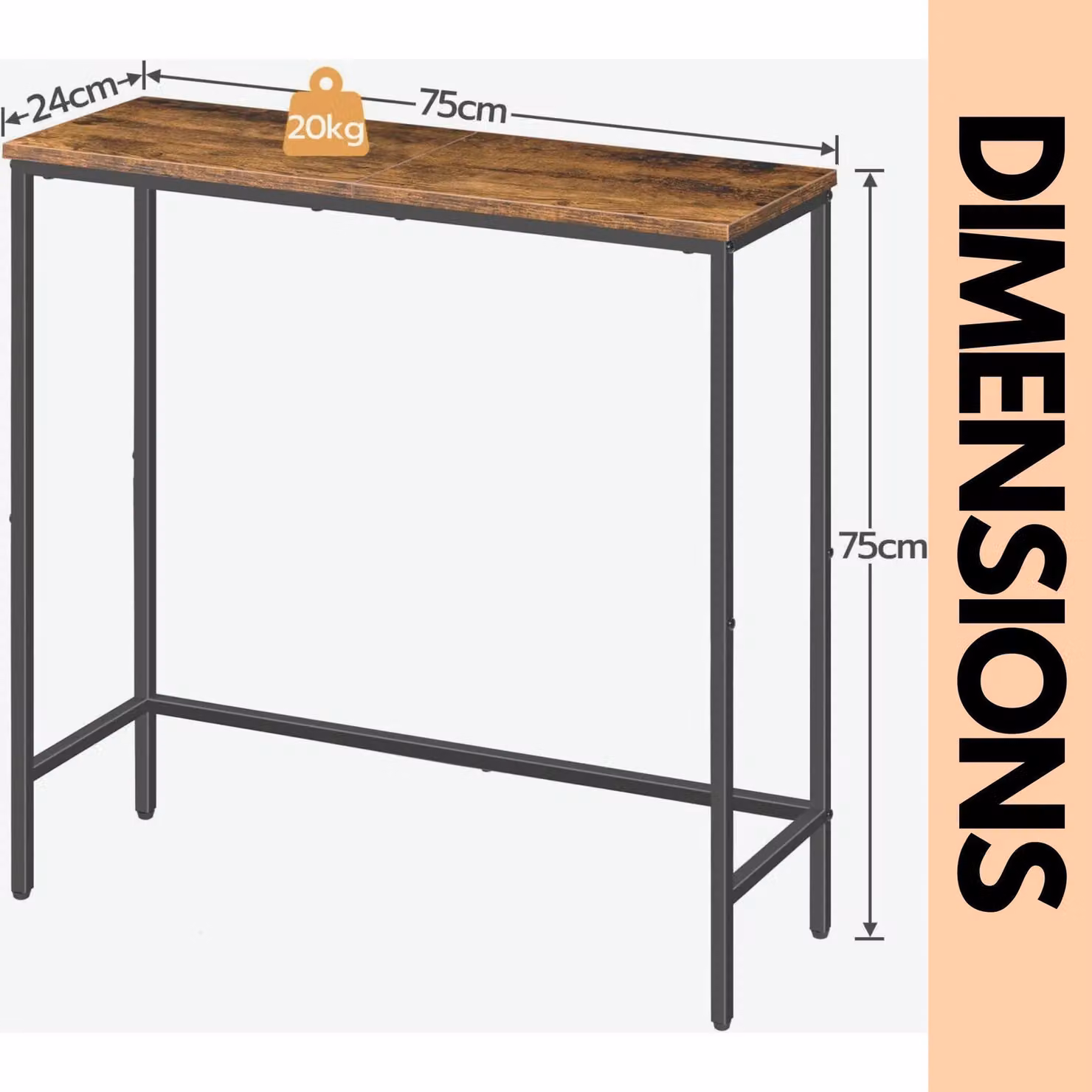 Rafaelo Mobilia Slim Industrial Console Table for Hallway in Brown and Black, W/D/H: 100 x 24 x 75 cm – 4