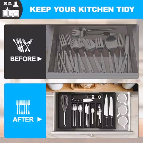 MantraRaj Expandable Plastic Cutlery Drawer Organiser and Kitchen Utensil Tray in Black – 4